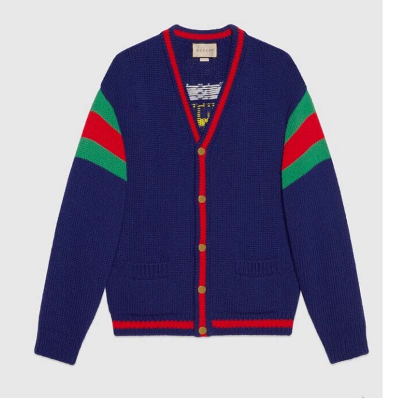 Gucci GG Men Gucci 100 Wool Cardigan Blue Wool Green Red V-Neck