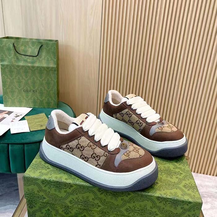 Gucci Unisex GG Screener Sneaker Beige Ebony Original GG Canvas Bi-Color Chunky Laces