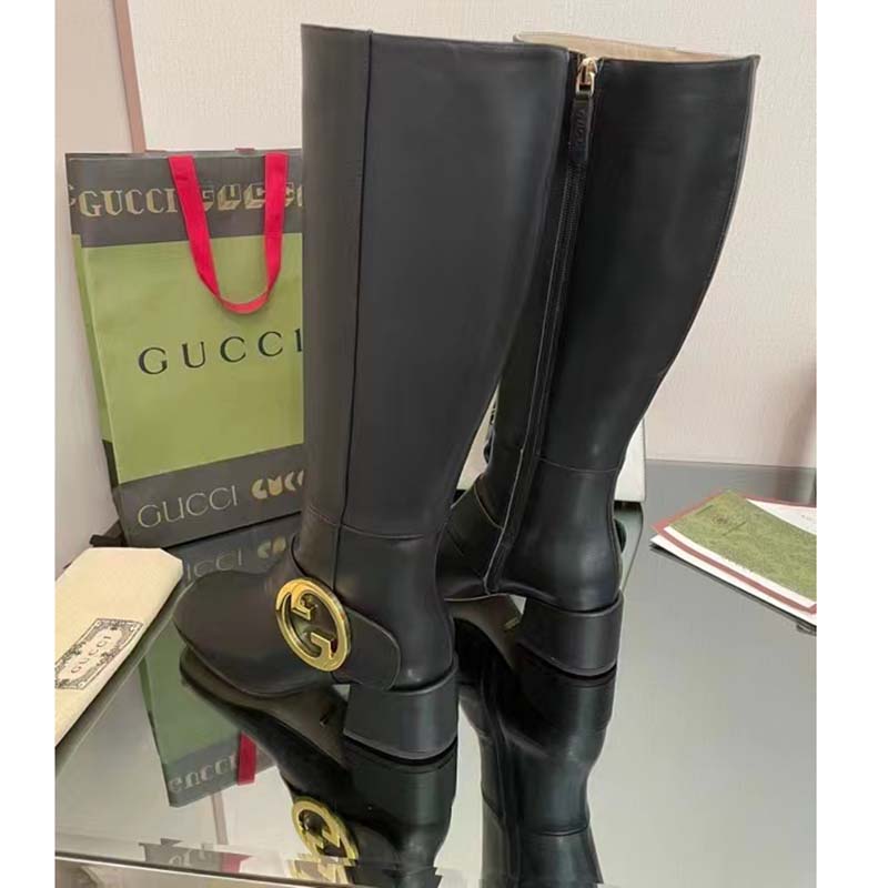 Gucci Blondie Women’s Blondie Boot Black Leather Round Interlocking G Low 5 Cm Heel