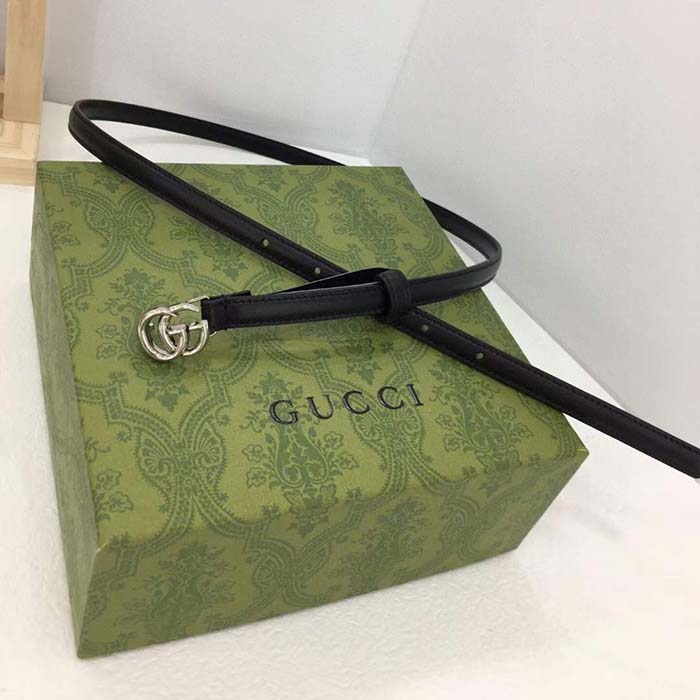 Gucci Unisex GG Thin Belt Belt Black Leather Double G Buckle 1.3 CM Width
