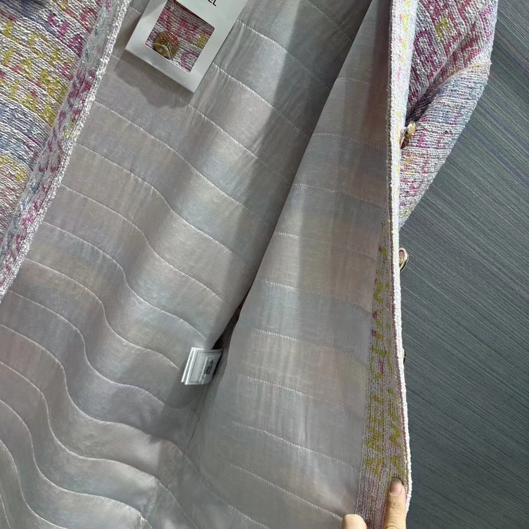 Chanel Women CC Coat Embroidered Cotton Wool Tweed Pink Yellow Ecru Blue Ref. P76296 V68251 NS965