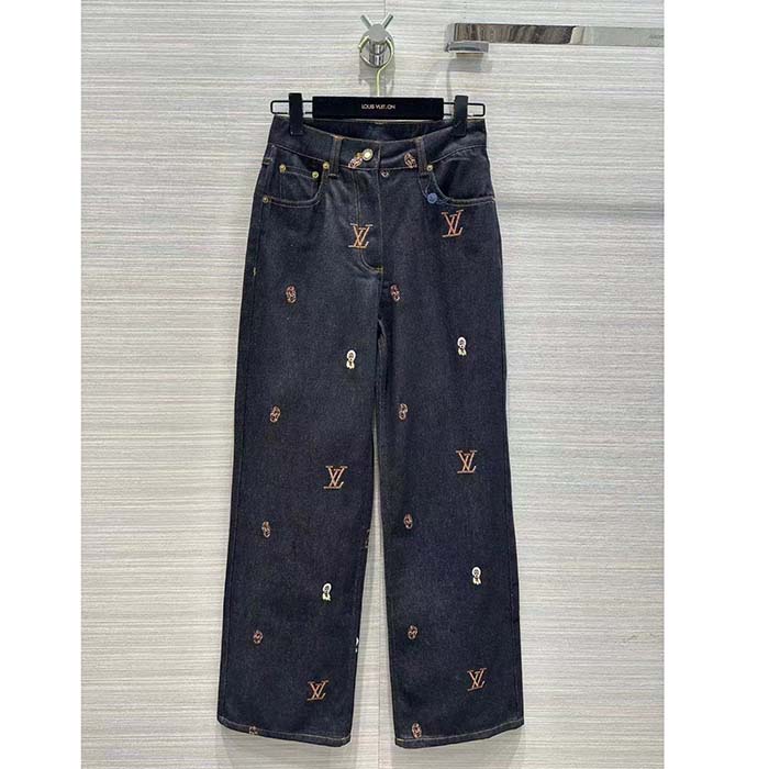 Louis Vuitton Women LV RUNWAY Embroidered Bootcut Denim Pants Indigo Cotton 1AFI93