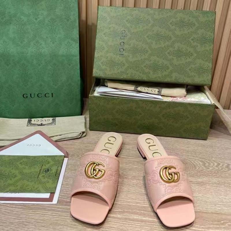 Gucci Women GG Matelassé Slide Sandal Beige Double G Square Toe Flat
