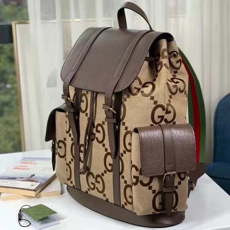 Gucci Unisex Backpack Jumbo GG Camel Ebony Canvas Brown Leather