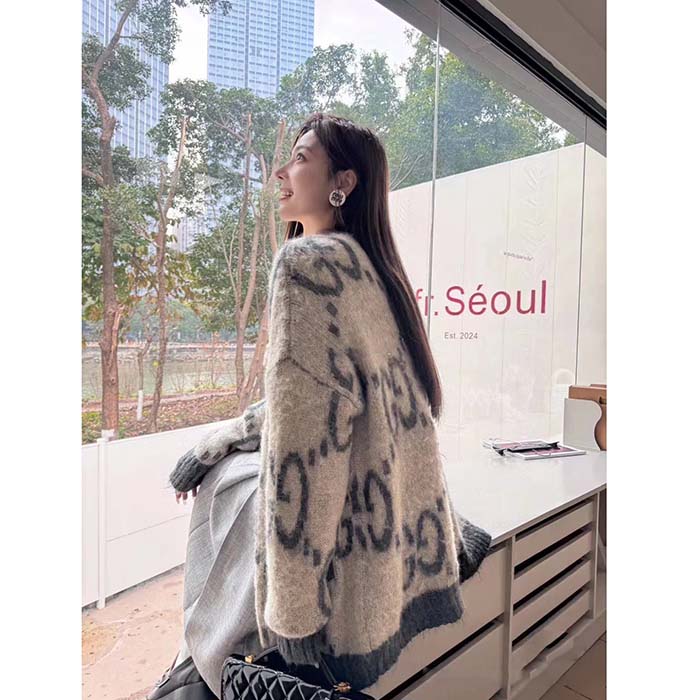 Gucci Women Reversible GG Mohair Cardigan Wool V-Neck Front Pockets