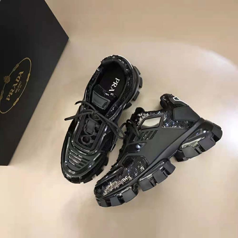 Prada Women Cloudbust Thunder Sequined Sneakers-Black