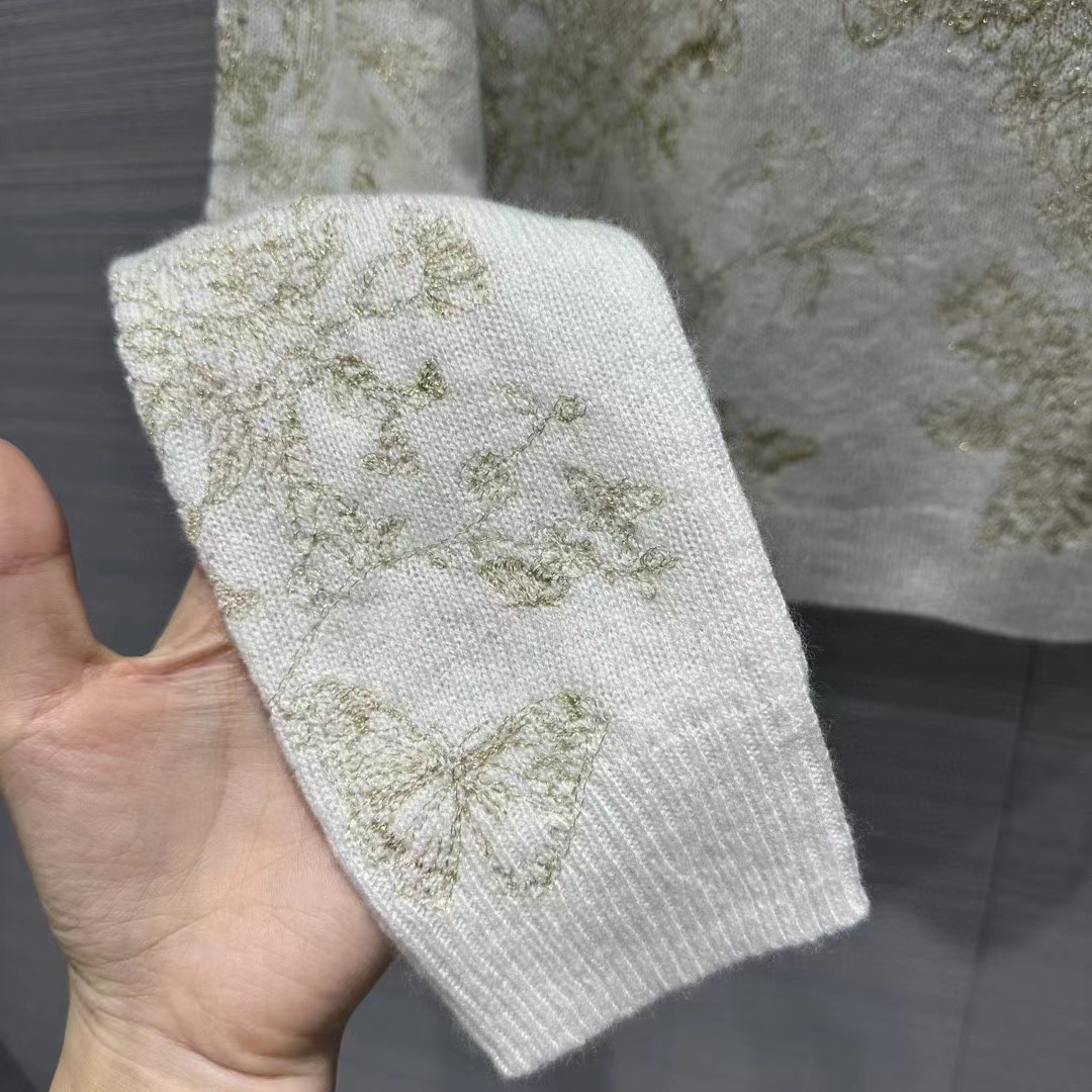 Dior Men CD Embroidered Sweater White Wool Cashmere Knit Gold-Tone Butterflies Motif