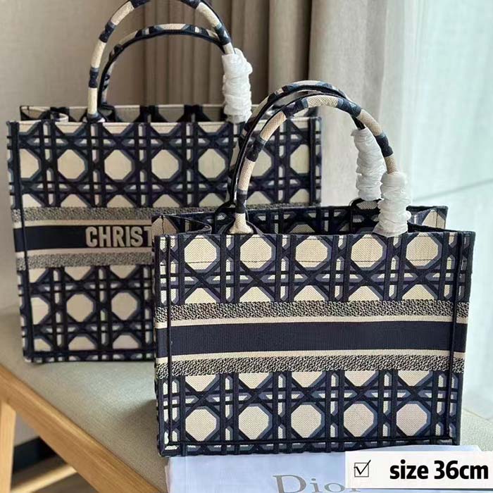 Dior Unisex CD Medium Dior Book Tote Beige Blue Macrocannage Embroidery