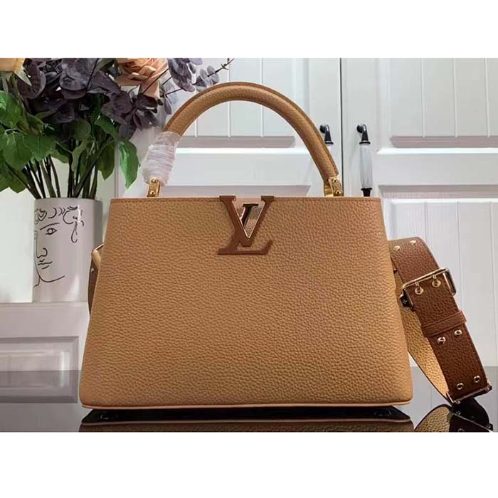 Louis Vuitton LV Women Capucines MM Handbag Arizona Brown Cognac Taurillon Leather