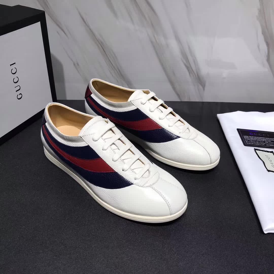Gucci Men Leather Low-Top Sneaker Shoes with Web Stripe-White