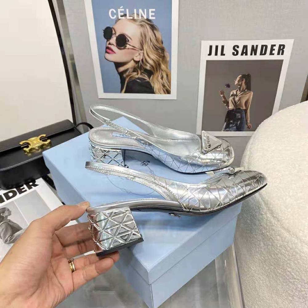 Prada Women Metallic Leather Slingback Pumps in 45mm Heel Height-Silver