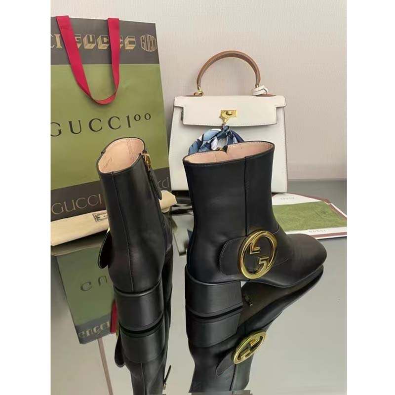 Gucci GG Blondie Women’s Ankle Boot Black Leather Mid 5 Cm Heel
