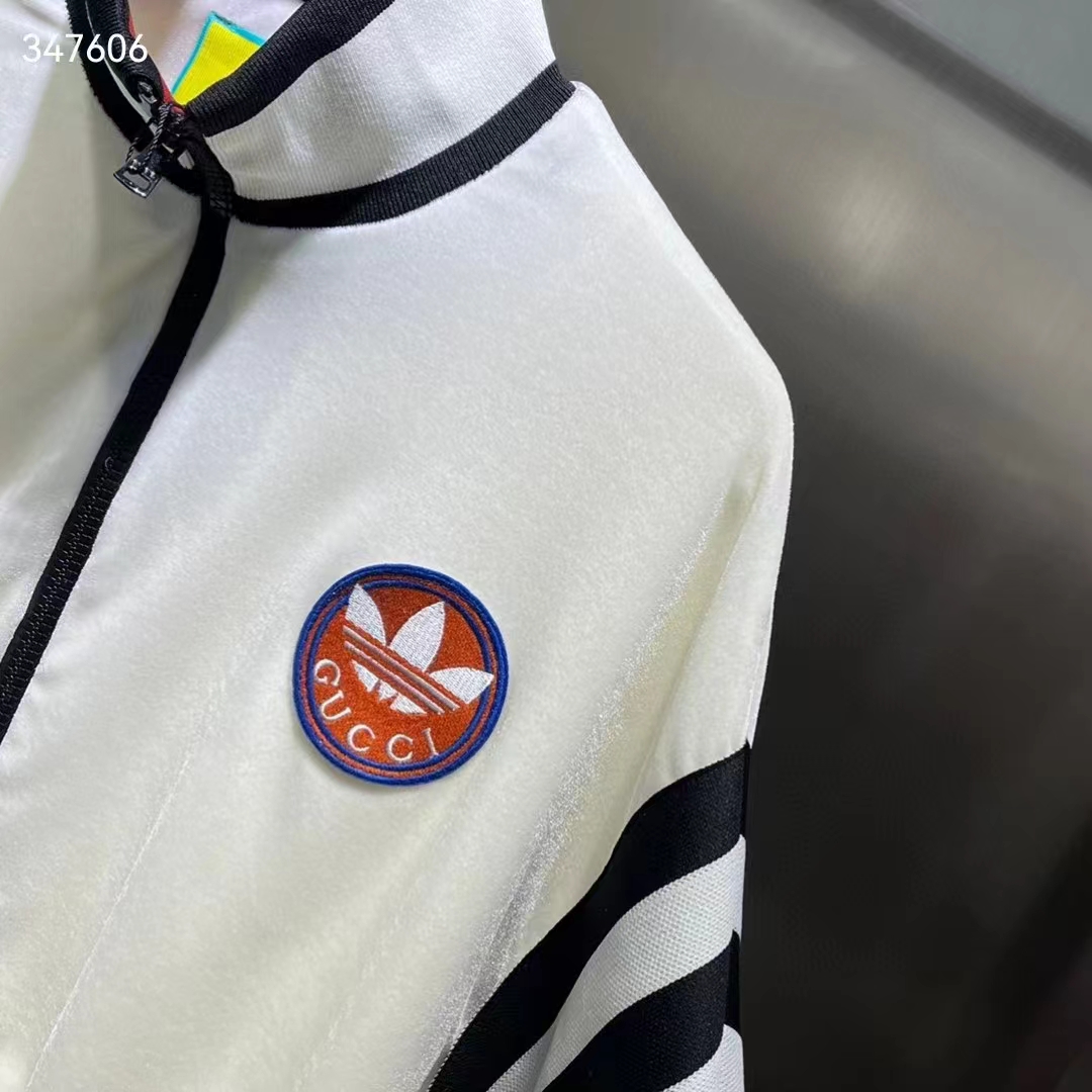 Gucci Women GG Adidas x Gucci Chenille Cropped Jacket Light Beige Cotton Chenille Trefoil