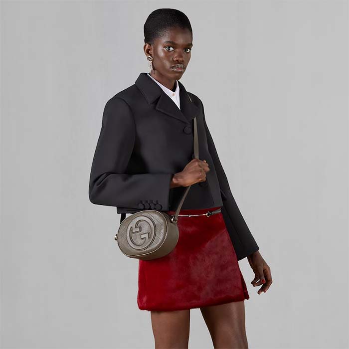 Gucci Women GG Blondie Mini Shoulder Bag Brown Leather Round Interlocking G Patch