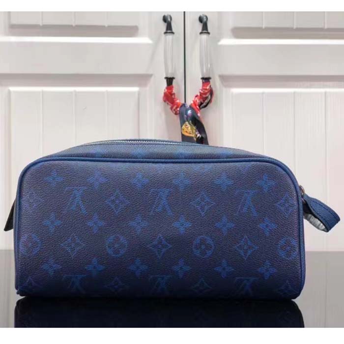Louis Vuitton LV Unisex Dopp Kit Toilet Pouch Blue Taiga Cowhide Leather Monogram Coated Canvas