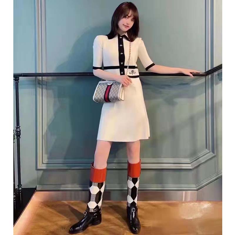 Gucci GG Women Wool GG Piquet Jacquard Polo Shirt Interlocking G Embroidery