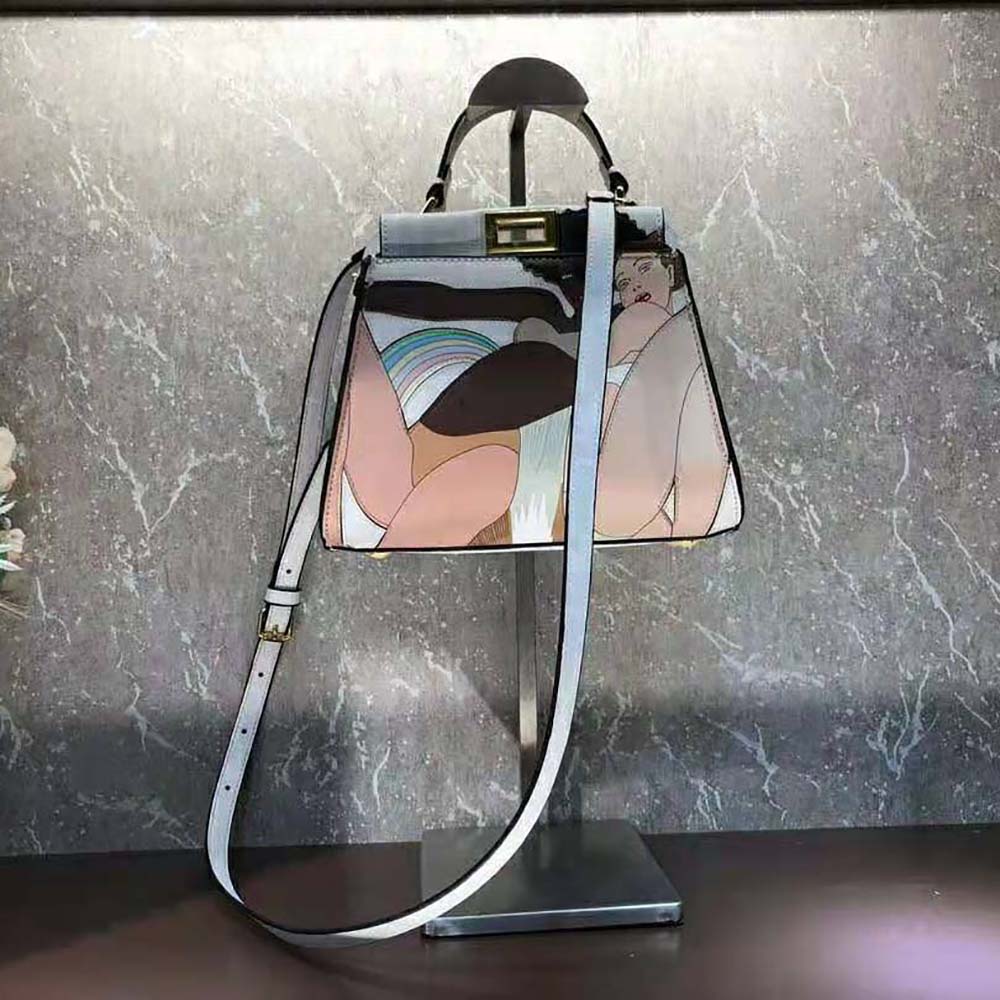 Fendi Women Peekaboo Iconic Mini FF White Glazed Fabric Bag with Inlay