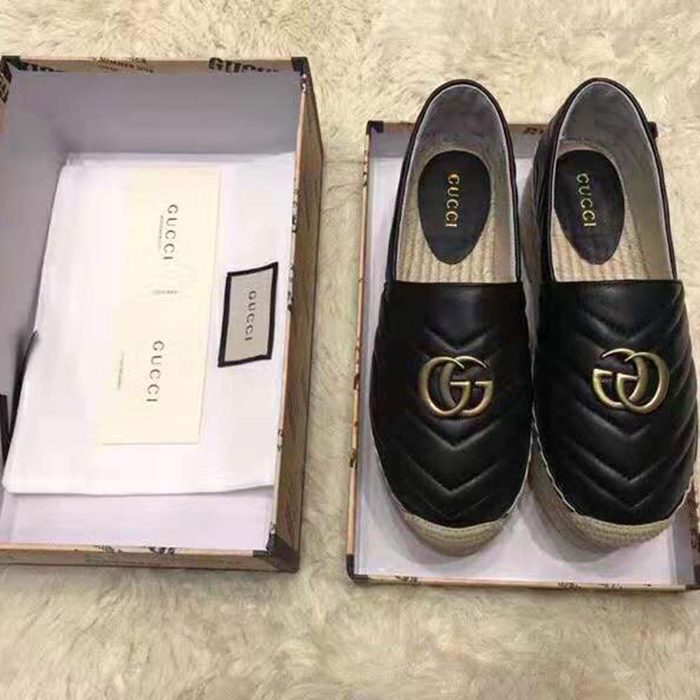 Gucci Women Leather Espadrille with Double G in Matelassé Chevron Leather-Black