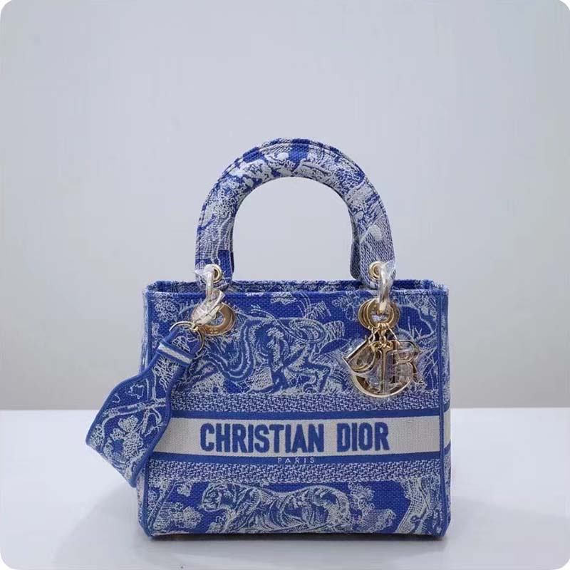 Dior Women Medium Lady D-Lite Bag Fluorescent Blue Toile De Jouy Reverse Embroidery