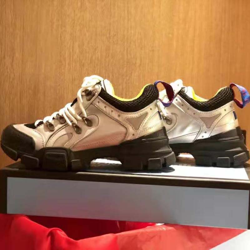 Gucci Unisex Flashtrek Sneaker with Crystals in Silver Metallic Leather 5.6 cm Heel