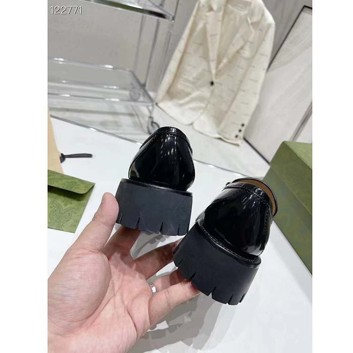 Gucci Women GG Interlocking G Lug Sole Loafer Black Leather Rubber Flat 1.5 CM Heel