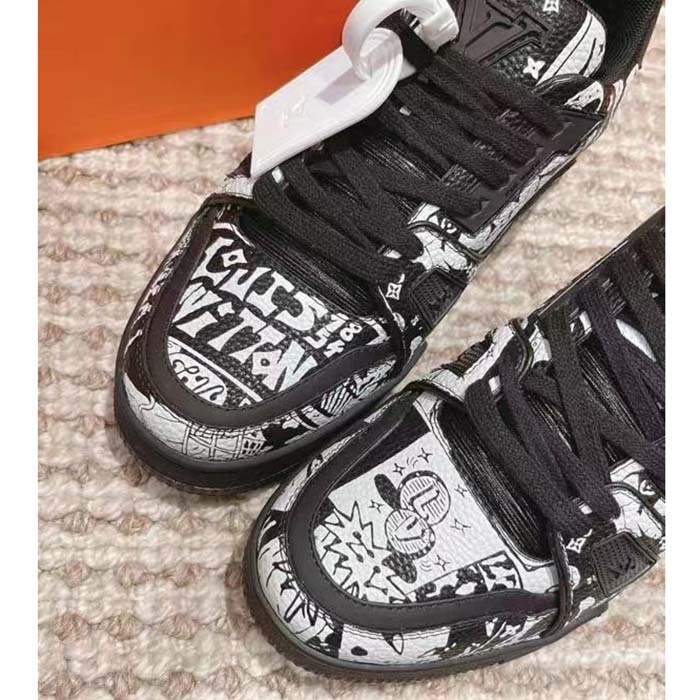 Louis Vuitton Unisex LV Trainer Sneaker Black Printed Canvas Rubber Outsole Monogram Flowers