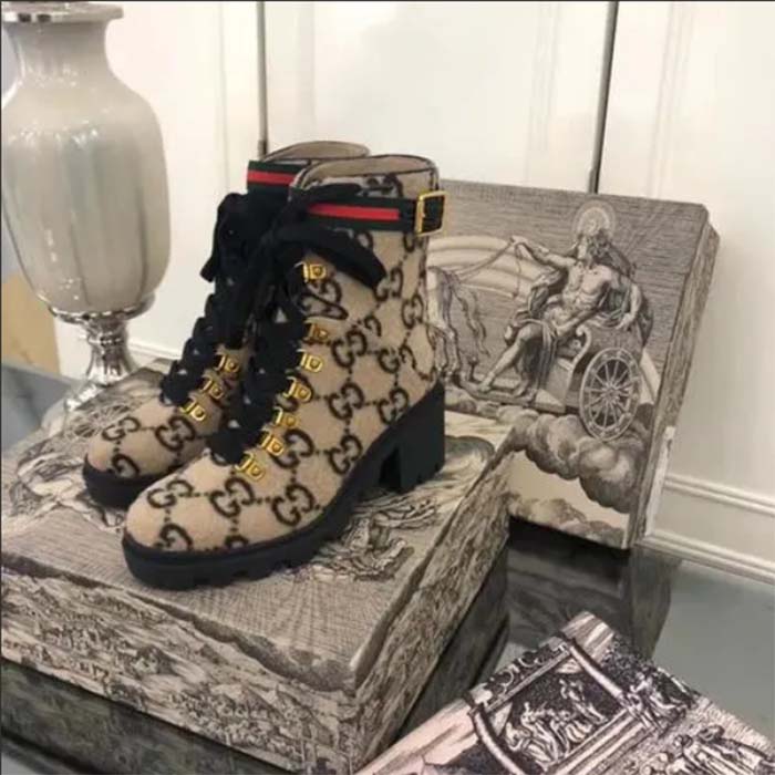 Gucci Women Gucci Zumi GG Wool Ankle Boot Beige Ebony GG Wool