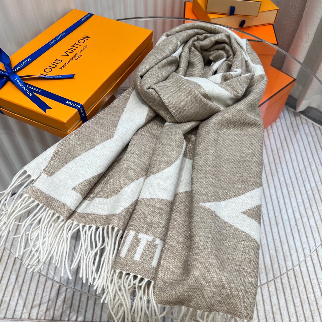 Louis Vuitton LV Unisex Ultimate Shine Scarf Beige Allover Monogram Pattern Fringe Finish