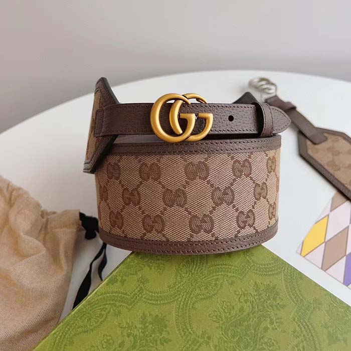 Gucci Unisex GG Marmont Wide Belt Beige Ebony GG Supreme Canvas Double G