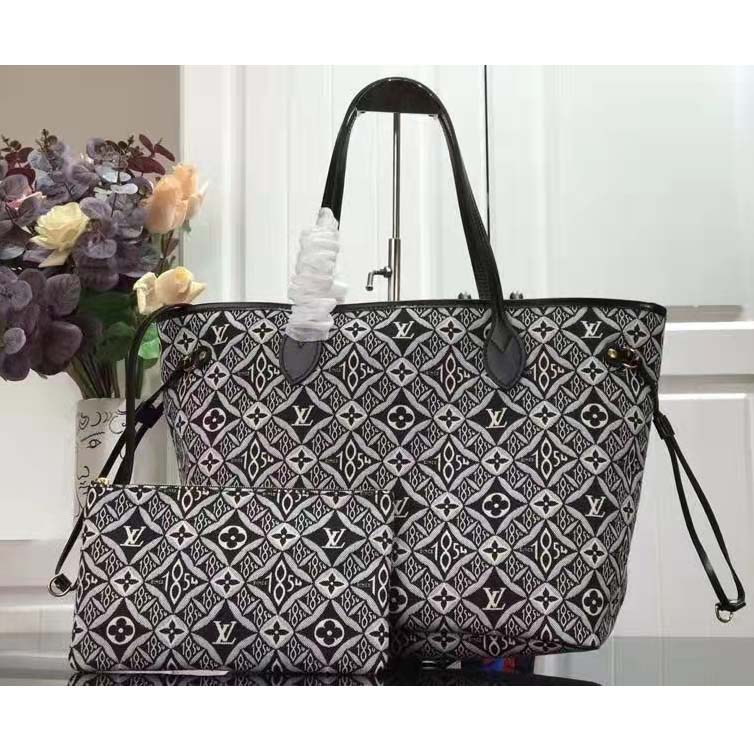 Louis Vuitton LV Women Since 1854 Neverfull MM Tote Black Monogram Flowers Canvas