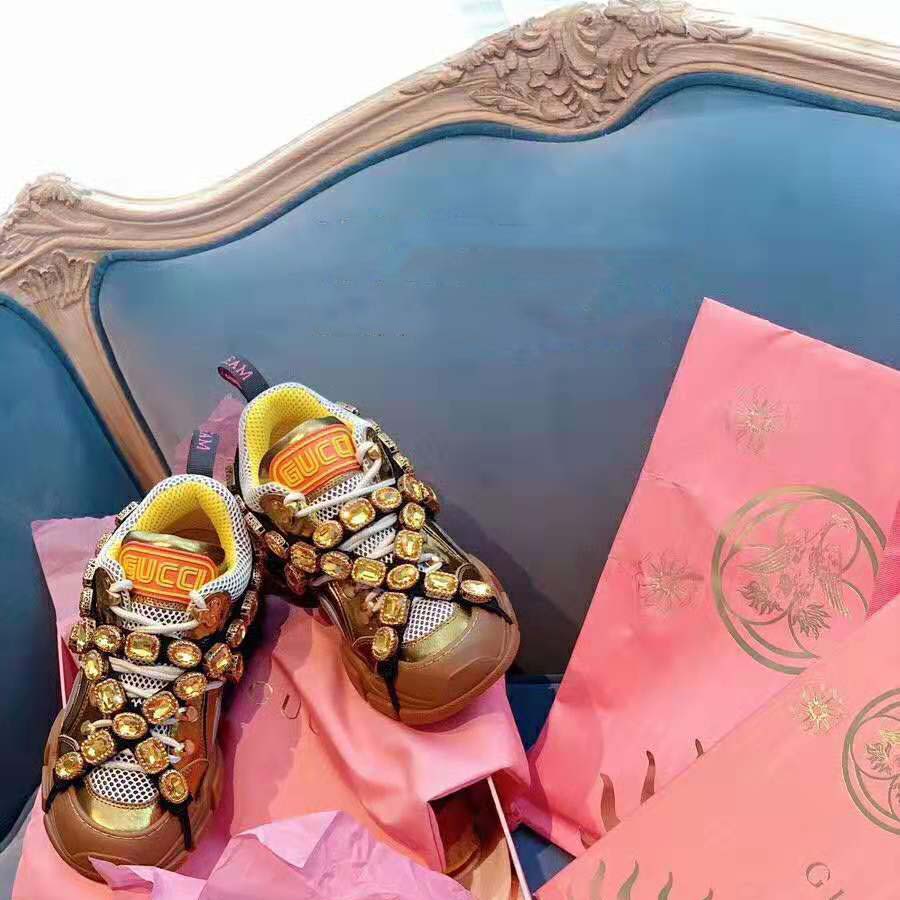 Gucci Women Flashtrek Sneaker with Removable Crystals 5.6cm Height-Gold