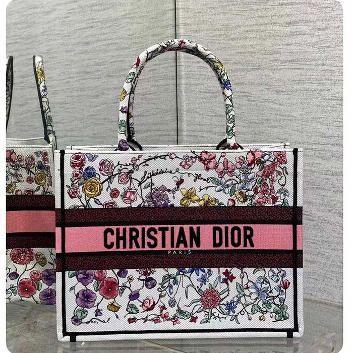 Dior Women CD Medium Book Tote White Multicolor Florilegio Embroidery