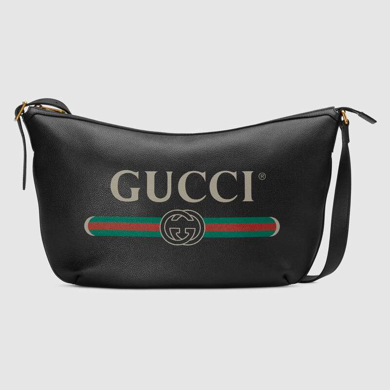 Gucci GG Unisex Gucci Print Half-Moon Hobo Bag in Leather with Gucci Vintage Logo