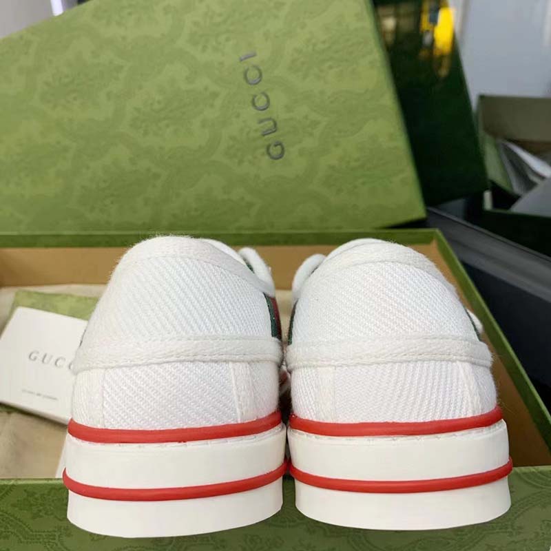 Gucci Unisex GG Tennis 1977 Sneaker White Leather Rubber Sole Velcro Closure Flat