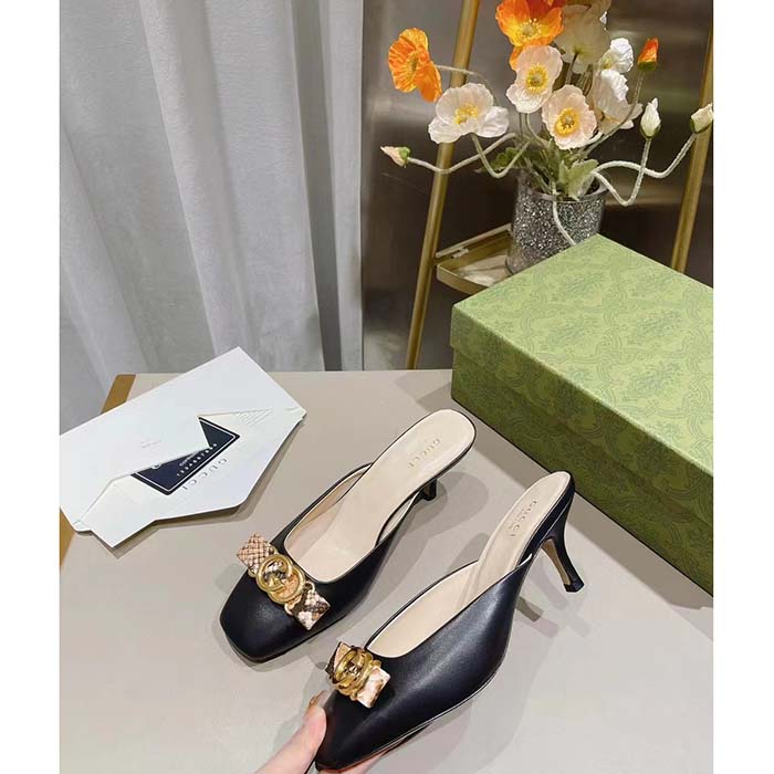 Gucci Women GG Interlocking G Mule Black Leather Square Toe Leather Mid-Heel
