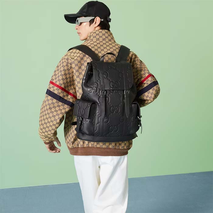 Gucci Unisex Jumbo GG Backpack Black Leather Cotton Linen Top Handle