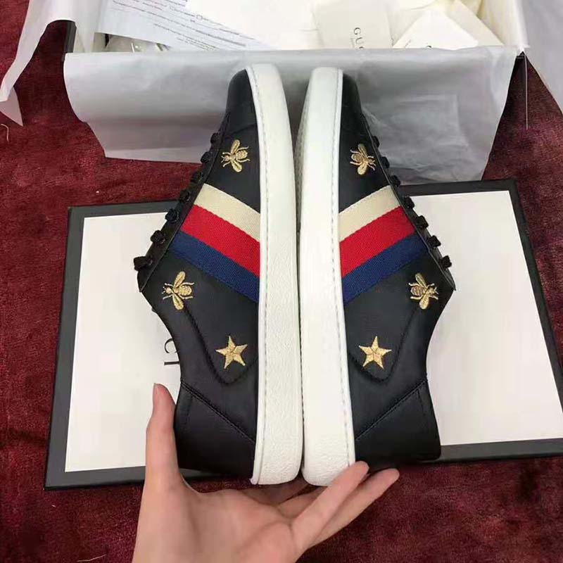 Gucci Men’s Ace Embroidered Sneaker in Black Leather with Bees and Stars