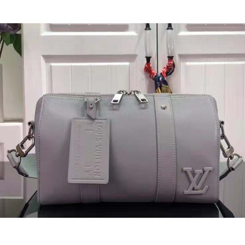 Louis Vuitton LV Unisex City Keepall Bag Gray Aerogram Cowhide Leather Textile Lining