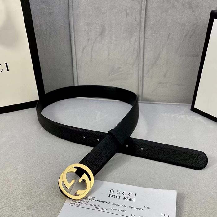 Gucci Unisex GG Blondie Belt Black Leather Round Interlocking G Buckle 3 CM Width