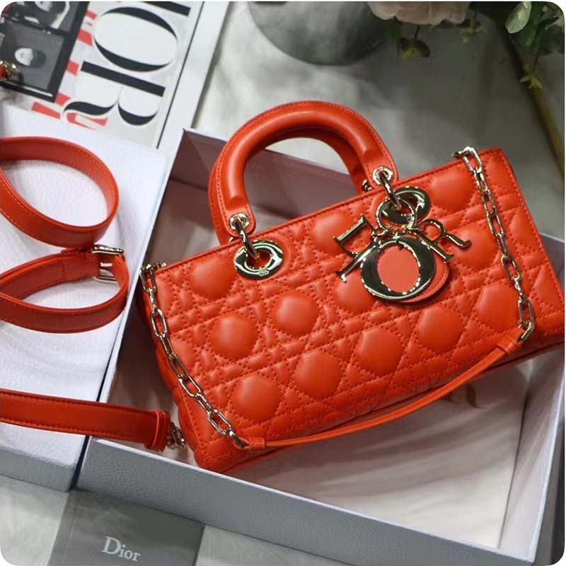 Dior Women Lady D-Joy Bag Bright Orange Cannage Lambskin