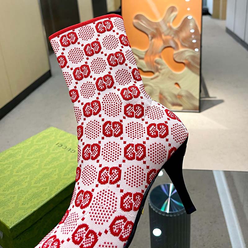 Gucci Women GG Knit Ankle Boots Pink Red GG Technical Fabric Leather Mid-Heel