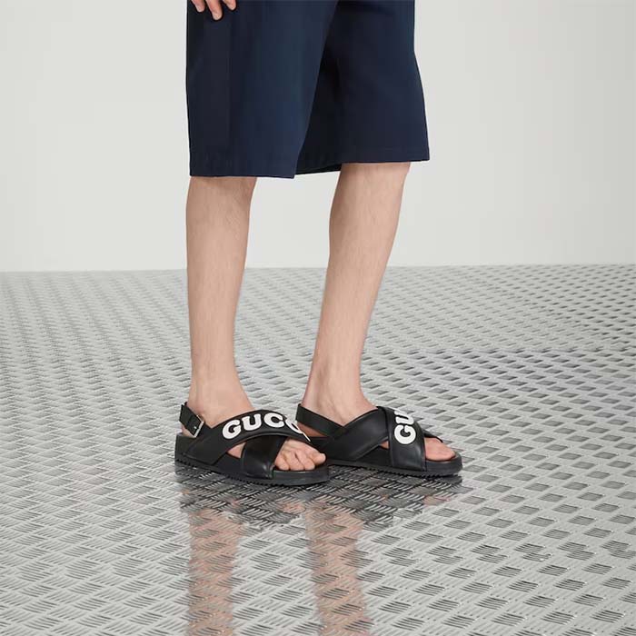 Gucci Unisex GG Gucci Sandal Smooth Black White Leather Script Rubber Buckle Flat