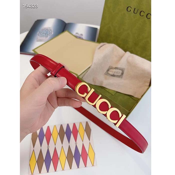 Gucci Unisex Buckle Thin Belt Red Leather Gold-Toned Hardware 1.5 CM Width
