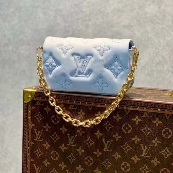 Louis Vuitton LV Women Wallet On Strap Bubblegram Blue Monogram Embroidered Quilted Calf