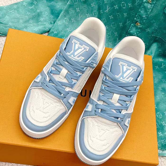 Louis Vuitton Unisex LV Trainer Sneaker Blue Mix of Materials Rubber Monogram Flowers