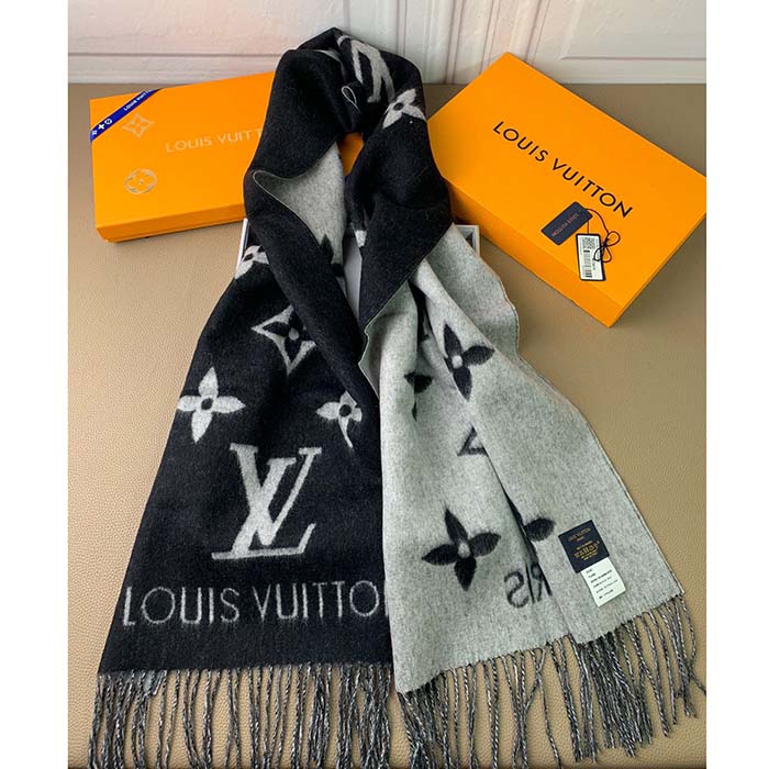 Louis Vuitton LV Unisex Reykjavik Scarf Black Soft Cashmere Monogram Pattern