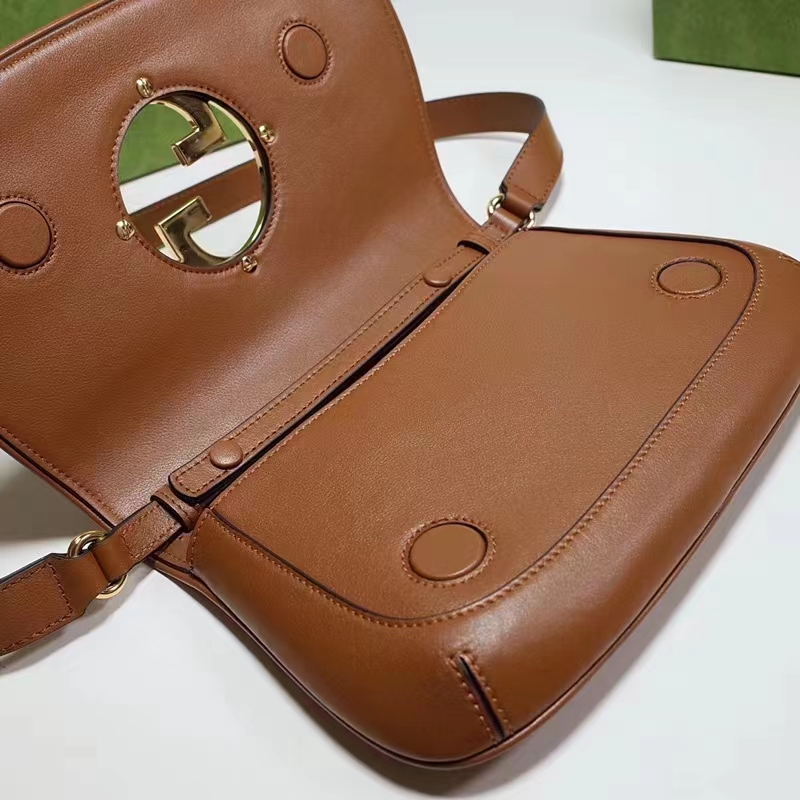 Gucci Women GG Blondie Shoulder Bag Brown Leather Round Interlocking G