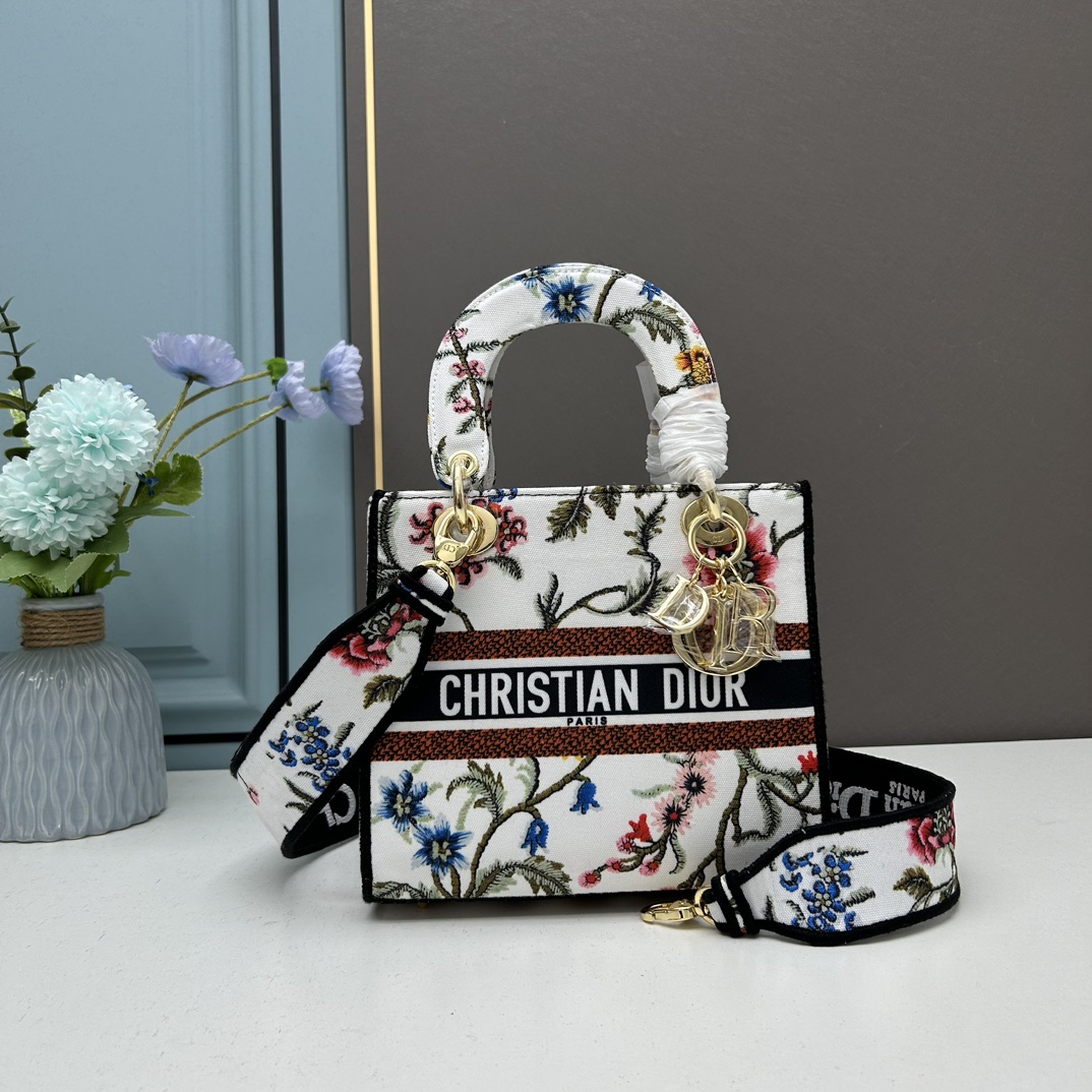 Dior Women CD Medium Lady D-Lite Bag White Multicolor Dior Petites Fleurs Embroidery