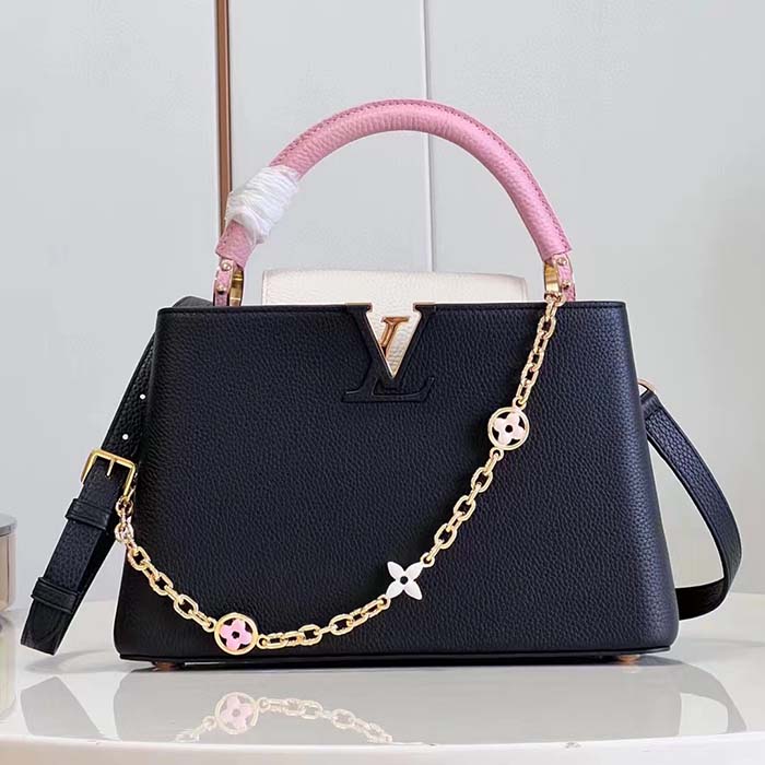 Louis Vuitton LV Women Capucines MM Handbag Black Pink Taurillon Leather