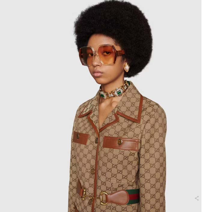 Gucci Women GG Canvas Jacket Web Belt Cotton Camel Ebony Point Collar